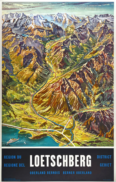 Original vintage Loetschberg - Switzerland linen backed Swiss travel and tourism poster featuring the Alps and a map of the Loetschberg region by artist Louis Koller, circa 1960.