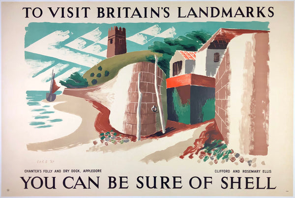 Original vintage To Visit Britain's Landmarks You Can Be Sure Of Shell - Chanter's Folly  linen backed English British travel and tourism poster by artists Clifford &  Rosemary Ellis, circa 1937.