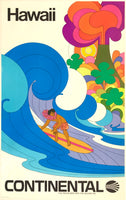 Original vintage Hawaii - Continental - The Proud Bird With The Golden Tail linen backed aviation airline travel and tourism poster featuring psychedelic artwork of a surfer riding a wave in the style of pop artist Peter Max, circa 1960s.