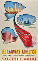 Original vintage Broadway Limited Pennsylvania Railroad New York NY Philadelphia Chicago linen backed railway travel and tourism poster, circa 1953.