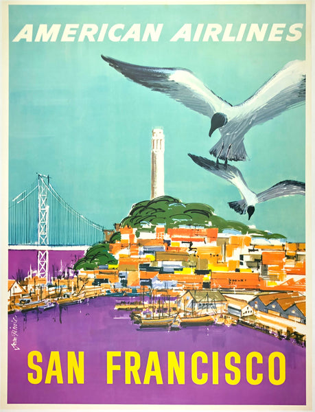 Original vintage American Airlines - San Francisco linen backed airline travel and tourism mid-century modern poster by artist John Fernie, circa 1960s.
