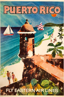 Original vintage Puerto Rico - Fly Eastern Air Lines linen backed airline travel and tourism poster promoting travel to the sun kissed beaches of San Juan on the island by artist Jane Oliver, Circa 1960s.