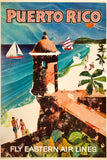 Original vintage Puerto Rico - Fly Eastern Air Lines linen backed airline travel and tourism poster promoting travel to the sun kissed beaches of San Juan on the island by artist Jane Oliver, Circa 1960s.