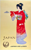 Original vintage Japan Air Lines - Japan JAL linen backed airline travel and Japanese tourism poster affiche plakat featuring beautiful art of a Geisha by artist Shoen Uemura, circa 1960s.