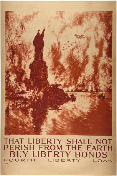 Original vintage That Liberty Shall Not Perish From The Earth - Buy Liberty Bonds - Fourth Liberty Loan USA World War One WWI linen backed recruiting propaganda military poster, circa 1918.