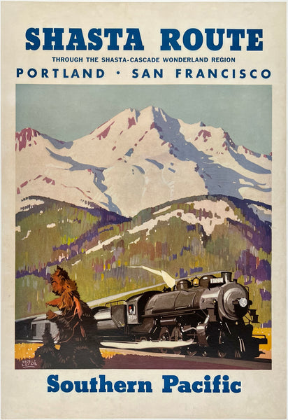 Original vintage Shasta Route - Southern Pacific Lines linen backed American railway travel and tourism poster by artist Maurice Logan, circa 1950s.