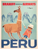 Original vintage Braniff International Airways - Peru linen backed airline aviation travel and tourism poster by an anonymous artist, circa 1960s.