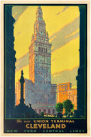 Original vintage The New Union Terminal - Cleveland - New York Central Lines linen backed American railway travel and tourism railroad poster featuring Cleveland's Terminal Tower by artist Leslie Ragan, circa 1930.