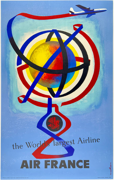 Original vintage Air France - World's Largest Airline linen backed aviation travel and tourism poster affiche plakat by artist Nathan circa 1956.