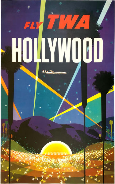 Original vintage poster Fly Twa Hollywood by artist David Klein