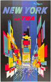 Original vintage New York - Fly TWA linen backed aviation travel tourism poster plakat affiche featuring Times Square in beautiful stunning fluorescent dayglo colors, by artist David Klein, circa 1960s.