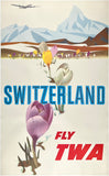 Original vintage Switzerland - Fly TWA linen backed aviation travel and tourism poster by artist David Klein, featuring a crocus and the Matterhorn and Swiss Alps, circa 1950s.