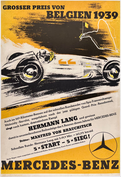 Original vintage Mercedes Benz GP Von Belgien 1939 linen backed automobile racing poster affiche plakat featuring Hermann Lang in the winning 22 car.