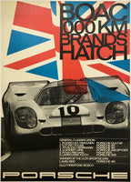 Original vintage BOAC 1000 KM Brands Hatch - Porsche linen backed victory showroom auto racing poster by artist Erich Strenger, circa 1970.