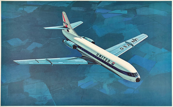 Original vintage United Caravelle linen backed UAL airline travel and tourism poster plakat affiche circa 1964.