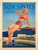 Original vintage Santa Fe Railroad - Sun Spots in The Southwest linen backed Southwestern America railway travel and tourism poster, circa 1950.