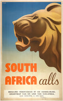 Original vintage South Africa Calls linen backed art deco safari travel and tourism lion poster by artist Gayle Ullmann, circa 1930.
