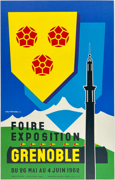Original vintage Foire Exposition Grenoble 1962 linen backed French travel and France tourism fair poster plakat affiche by artist Gorde.
