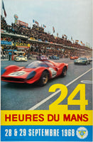 Original vintage 24 Hueres Du Mans Le Mans 1968 linen backed automobile car racing event promotional poster featuring a photo of a Ferrari by Andre Delourmel, circa 1968.