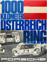 Original vintage Porsche - 1000 KM Osterreich Ring 1970 linen backed victory showroom auto racing poster featuring the winning car, a Porsche Gulf 917, by artist Erich Strenger, circa 1970.