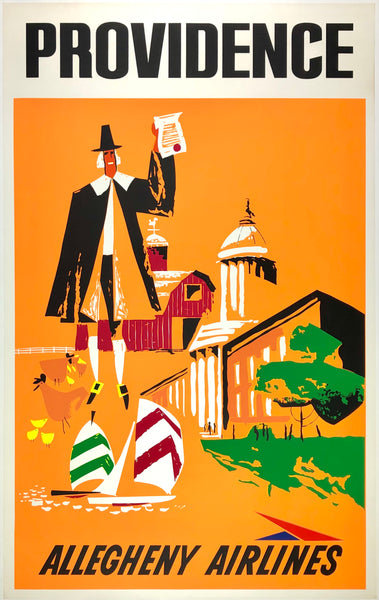 Original vintage Providence - Allegheny Airlines linen backed silkscreen airline aviation travel and tourism poster, circa 1960s.