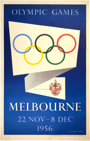 Original vintage Olympic Games - Melbourne 1954 linen backed Australia travel and tourism poster featuring the Olympic Rings and City of Melbourne Coat of Arms by artist Richard Beck, circa 1954.