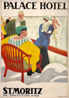 Original vintage Palace Hotel - St. Moritz in Switzerland linen backed Swiss travel and tourism poster featuring snow and ice skating by artist Emil Cardinaux, circa 1920.