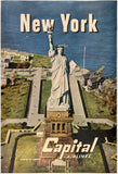 Original vintage New York - Capital Airlines linen backed mid-century modern aviation airline travel and NYC tourism poster featuring an aerial photo of the Statue of Liberty, circa 1950s.