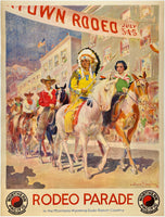Original vintage Northern Pacific Railroad - Rodeo Parade linen backed American railroad travel and tourism poster featuring a Native American chief, cowboys, cowgirls and horses by artist Brewer, circa 1935. 