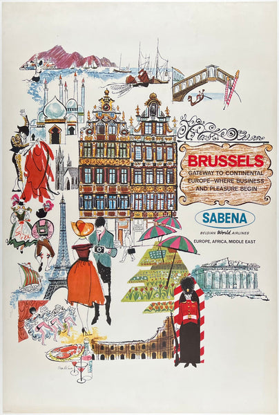 Original vintage Brussels - Sabena linen backed Belgian aviation airline travel poster affiche plakat circa 1960s.