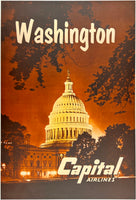 Original vintage Washington - Capital Airlines linen backed mid-century modern aviation airline travel and tourism poster featuring The Capitol building in DC circa 1950s.