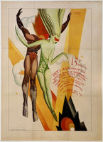 Original vintage 13th Descent - Kokoon Arts Club 1926 linen backed art deco invitation poster to Kokoon's annual Bal Masque bohemian party in Cleveland, Ohio by artist Joseph W. Jicha, circa 1926.