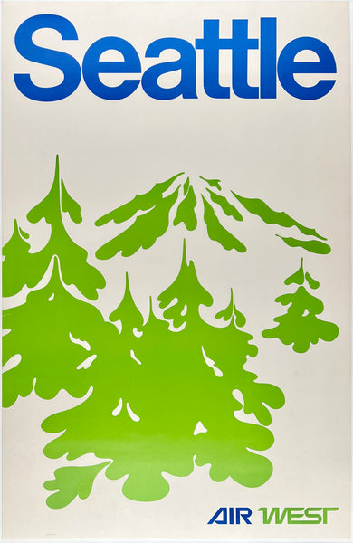 Original vintage Seattle Air West Howard Hughes linen backed airline travel and tourism poster plakat affiche circa 1970.