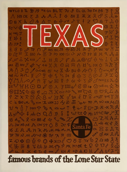 Original vintage Santa Fe Railroad - Texas - Famous Brands of the Lone Star State linen backed Southwestern America railway travel and tourism poster by an anonymous artist, circa 1950s.