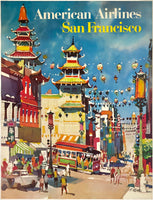 Original vintage American Airlines - San Francisco linen backed airline travel and tourism poster by artist Dong Kingman, circa 1960s. Illustration features the city's famous Chinatown and cable cars.