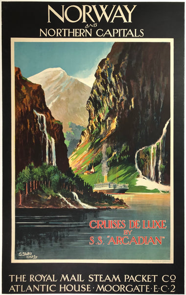 Original vintage Norway and Northern Capitals S.S. Arcadian - Royal Mail Steam Packet Company linen backed cruise ship Norwegian and Scandinavian travel and tourism poster by artist S. Stott, circa 1920s.