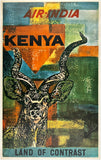 Original vintage Air India - Kenya Land of Contrast linen backed airline travel and African tourism poster circa 1967.