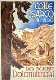 Original vintage Colle Isarco Italy linen backed Italian and South Tyrol Dolomites travel and tourism by artist Merlet, circa 1939.