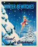 Original vintage Winter Bewitches - Travel By Greyhound linen backed American bus travel and tourism poster plakat affiche circa 1960s.
