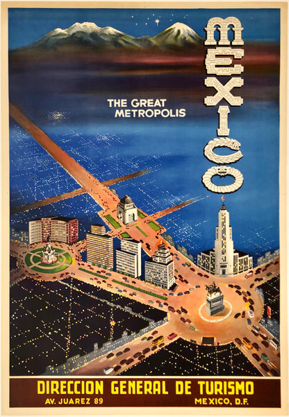 Original vintage The Great Metropolis - Mexico linen backed Mexican travel and tourism poster featuring a birds eye view of Avenida Juarez in Mexico City by artist A. Regaert, circa 1938.