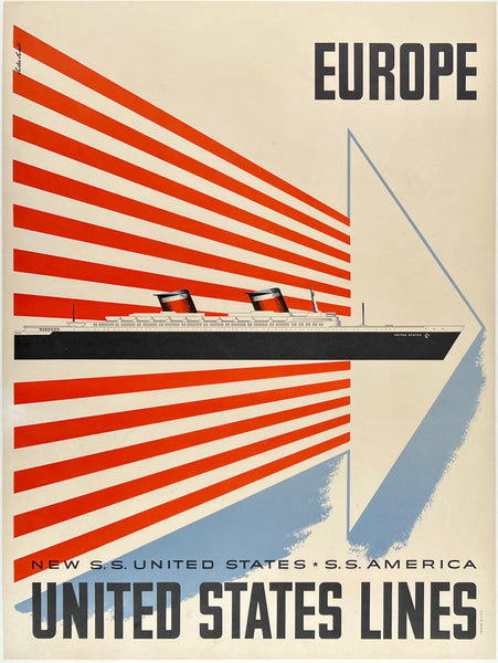 Original vintage United States Lines - Europe linen backed travel and tourism cruise ship expedition poster plakat affiche by artist Lester Beall, circa 1952.
