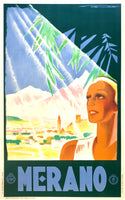Original vintage Merano Italy linen backed Italian travel and tourism poster by artist Franz Lenhart, circa 1934.