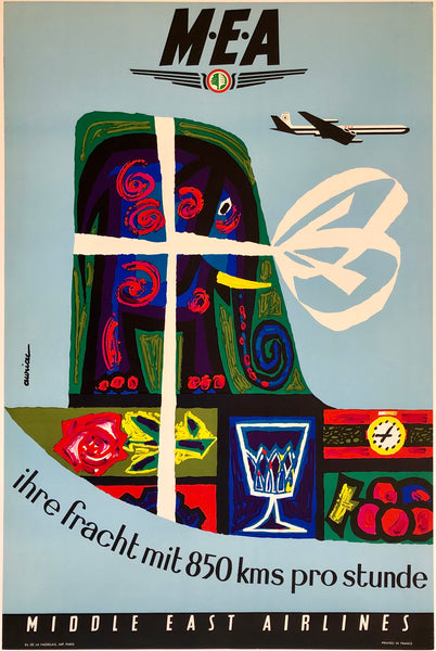 Original vintage Middle East Airlines - Ihre Fracht Mit 850 Kms Pro Stunde linen backed aviation airline travel and tourism poster by French artist Jacques Auriac, circa 1960.