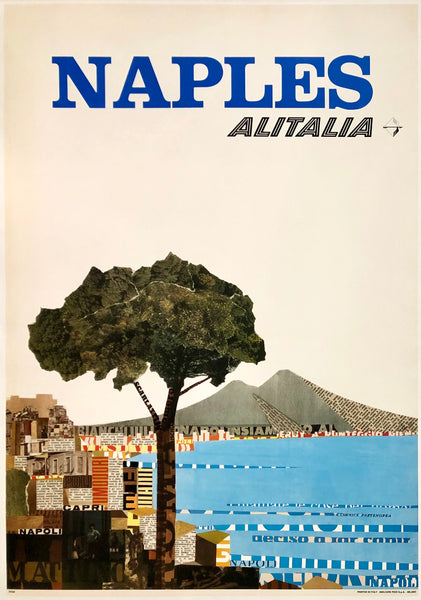 Original vintage Naples - Alitalia linen backed Italian travel and tourism poster promoting travel to Napoli Italy by airplane, circa 1970.
