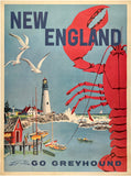 Original vintage New England - Go Greyhound linen backed bus poster featuring lobster, boats, lighthouses, birds and more, and promoting travel to and tourism along the upper East Coast aboard Greyhound Lines, circa 1960.