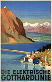 Original vintage Die Elektrische Gotthardlinie (in English "The Electric St. Gotthard Line) linen backed art deco Swiss rail travel and tourism poster featuring a train going through the Alps toward a town in Switzerland by artist Otto Baumberger, circa 1935.