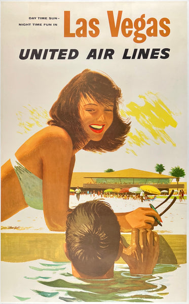 Original Vintage Las Vegas - United Air Lines linen backed UAL airline travel and tourism poster by artist Stan Galli, circa 1960. Galli was the illustrator of aviation travel posters for many United Airlines domestic destinations.