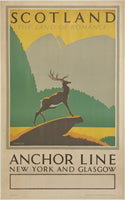 Original vintage Scotland - The Land of Romance - Anchor Line - New York and Glasgow linen backed cruise ship poster promoting travel travel to and from Glasgow and New York City.  By Artist Frederick Charles Herrick, circa 1930.