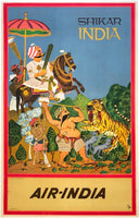 Original vintage Air India - Shikar linen backed aviation airline poster promoting travel and tourism to India and featuring a whimsical maharaja atop a horse during a tiger hunt, circa 1968.