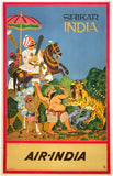Original vintage Air India - Shikar linen backed aviation airline poster promoting travel and tourism to India and featuring a whimsical maharaja atop a horse during a tiger hunt, circa 1968.